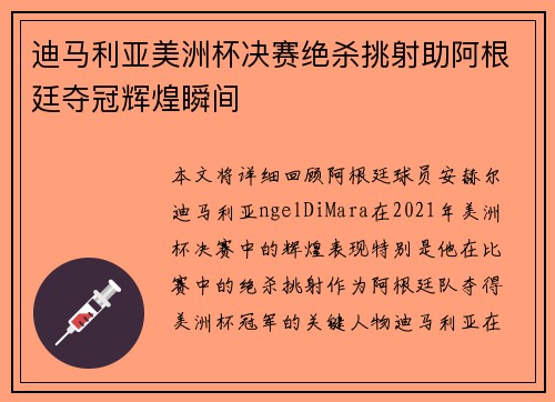 迪马利亚美洲杯决赛绝杀挑射助阿根廷夺冠辉煌瞬间