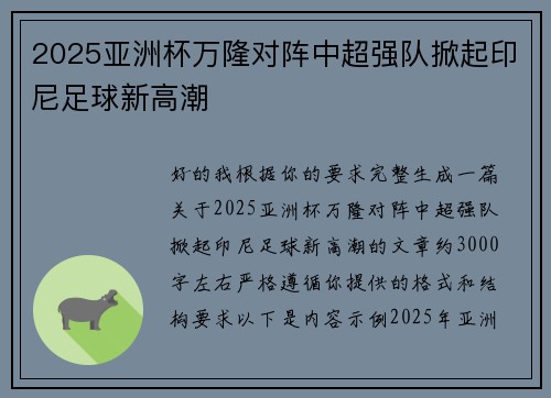2025亚洲杯万隆对阵中超强队掀起印尼足球新高潮