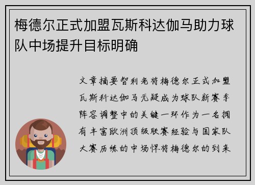 梅德尔正式加盟瓦斯科达伽马助力球队中场提升目标明确